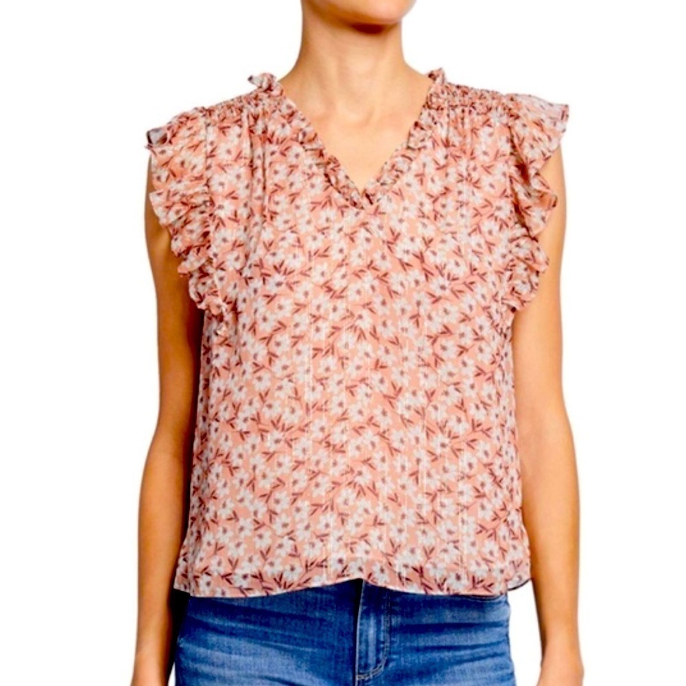 Rebecca Taylor Silk Metallic Floral Ruffle Sleeve Blouse Women’s Size 4